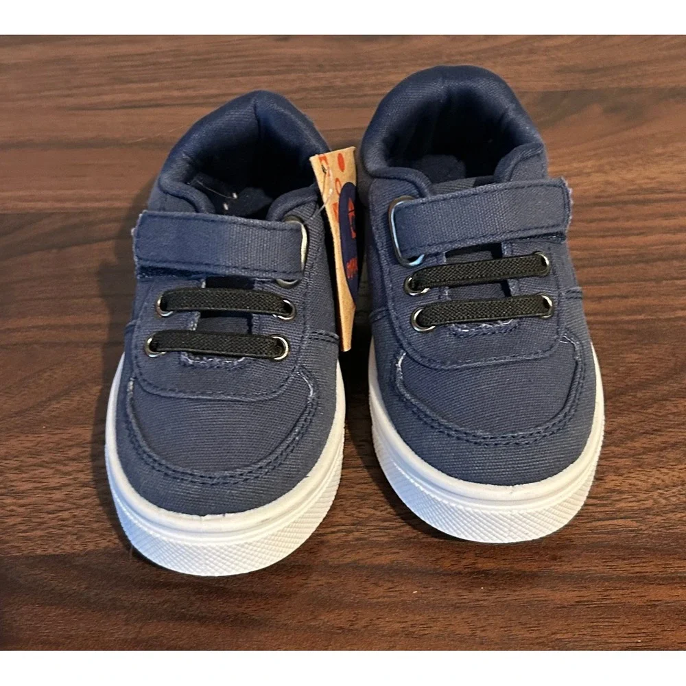 New Oomphies Ethan Toddler Navy Canvas Sneakers Hook Loop Strap Size 7C Easy On